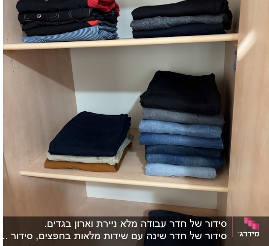 ארון בגדים מסודר עם בגדים מקופלים על מדפים